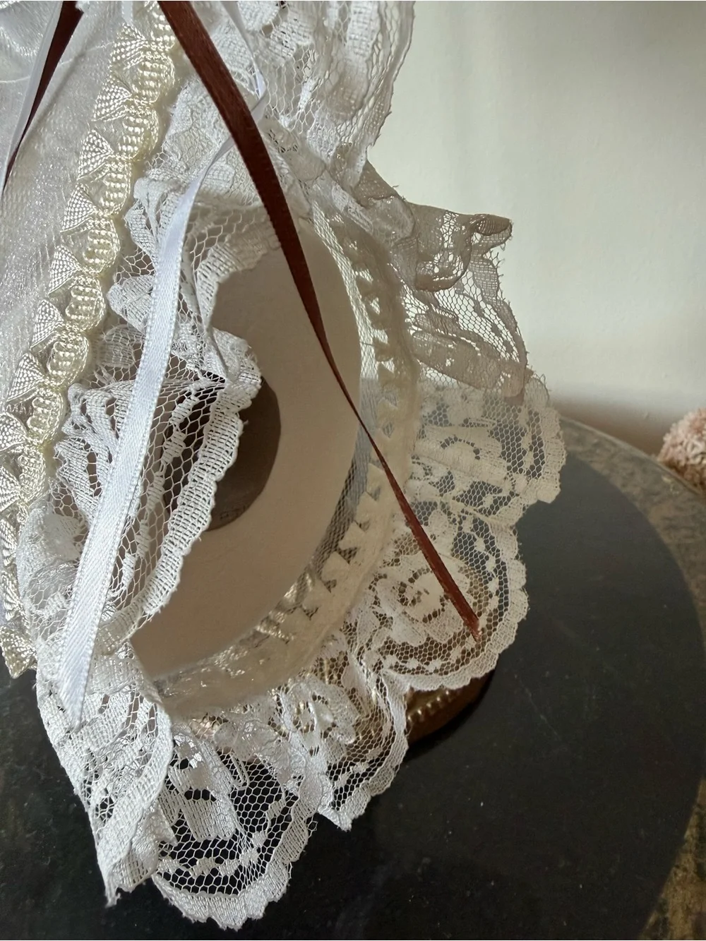 🤎 Hand Crafted Cream Lace Hand Towel & Sachet Set with Brown Leaf Accent 🤎